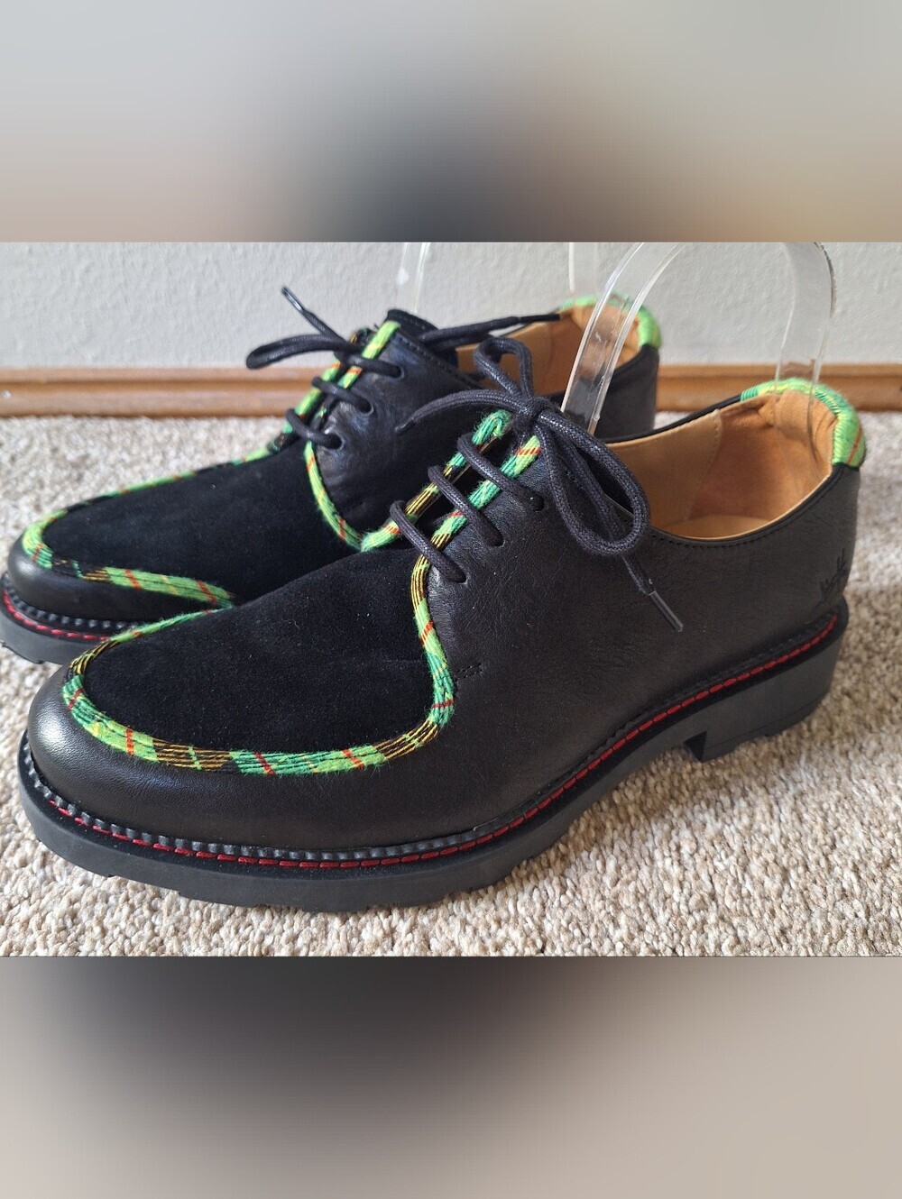 JOHN FLUEVOG Angel Maevey Black Leather Suede Green Piping Lace Up M 7.5 W 9.5